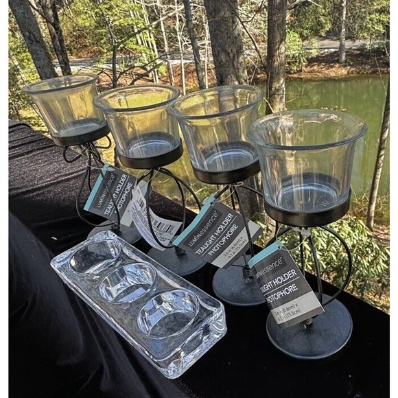 4 Greenbrier Int. Black Metal & Heavy Clear Glass Candle Holders Brand New -A29 - Picture 1 of 12